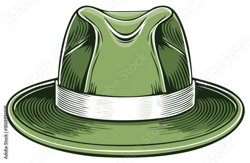 Green fedora hat illustration, vintage style, elegant accessory isolated