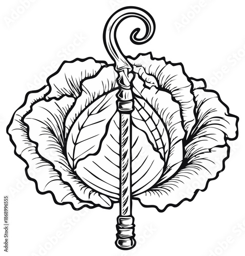 Cabbage Crowned with Crozier Symbolizing Agricultural Authority or Religious Leadership