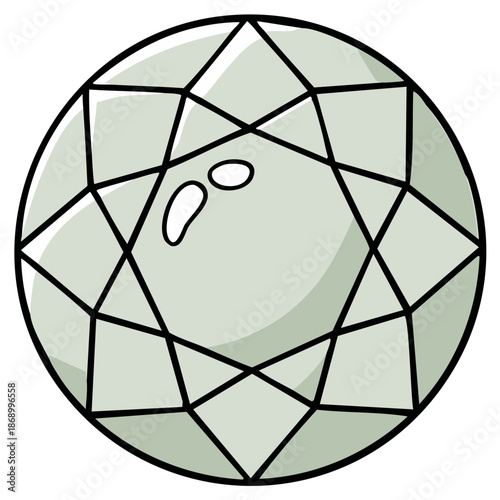 Cartoon-style illustration of a large faceted gem, brilliant cut in pale green and black