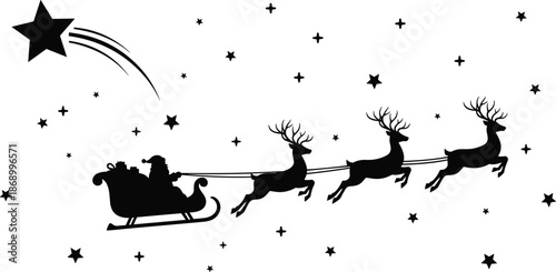 Santa Claus sleigh silhouette flying with reindeer under stars and shooting star Christmas night holiday vector illustration winter festive design