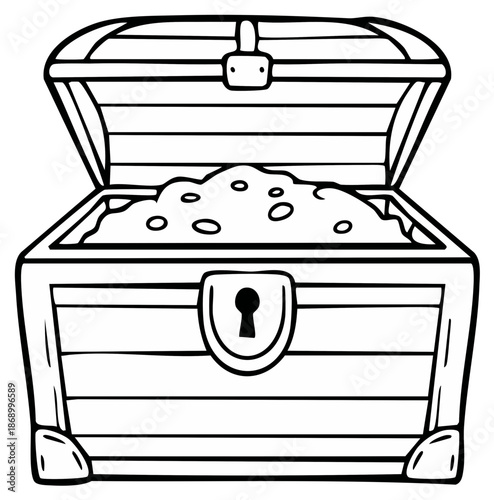 A classic opened treasure chest overflowing with gold coins black and white line art illustration