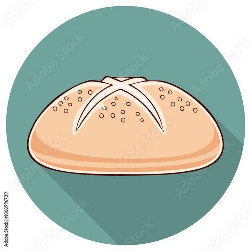 Cartoon illustration of a loaf of bread in a circle on teal background