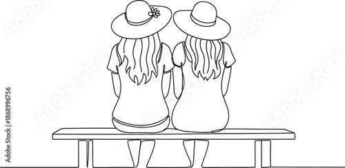 Two girls sitting on bench illustration showing friendship bonding summer hats minimalist continuous line art vector design outline backview women