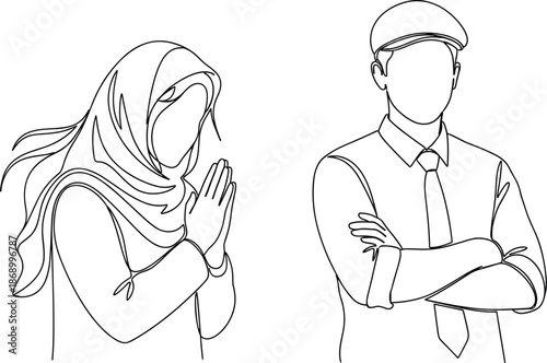 Continuous line drawing of Muslim woman in hijab praying and man with crossed arms, diversity, respect, religious culture, and minimalism.