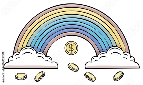 A cartoon rainbow arches over clouds with falling gold coins and a dollar symbol