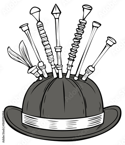Illustration of a bowler hat with a set of bagpipe pipes.