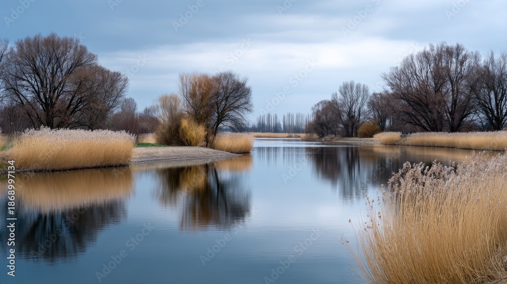 Obraz premium Serene Waterscape with Calm Reflections and Lush Reeds Under Overcast Sky in Tranquil Natural Setting