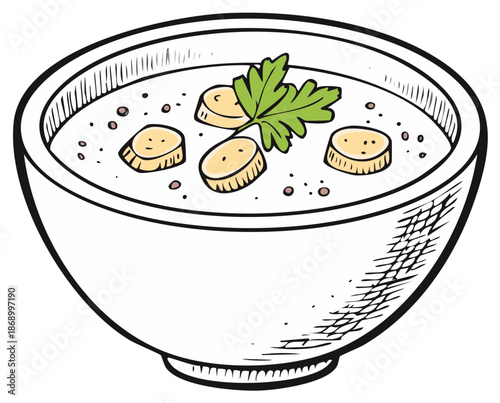 Hand drawn illustration of a warm bowl of creamy soup with vegetable slices and parsley garnish