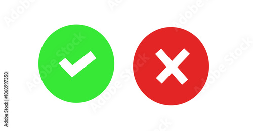 Flat check mark and X circle icons for confirm and reject buttons, simple selection symbols for checklists, approvals, and choices in apps and websites