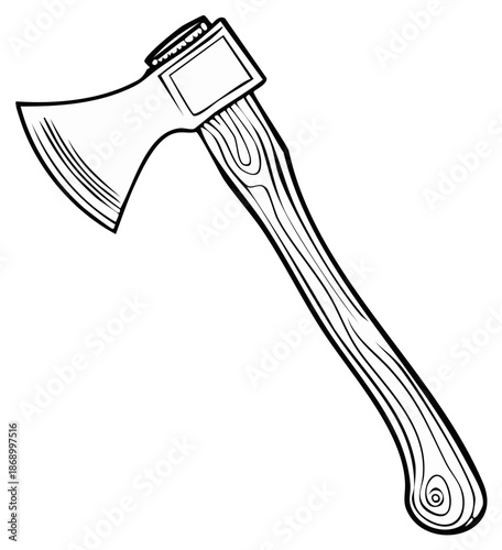 Black and white line art illustration of a classic axe with a sturdy wooden handle design