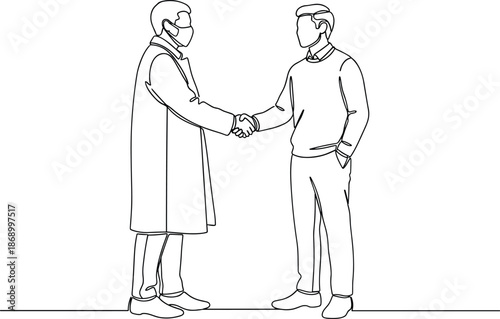 Continuous line drawing of two professional businessmen shaking hands wearing face masks for health safety, agreement, partnership, and successful business deal.