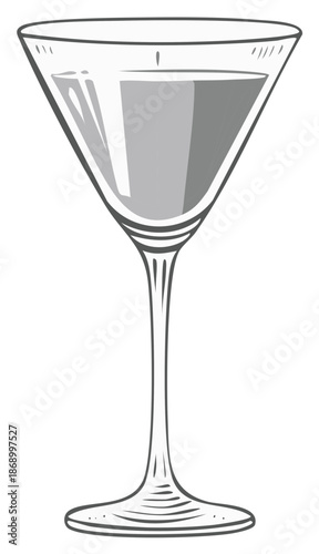 Classic elegant martini glass with refreshing beverage outline drawing isolated vector illustration