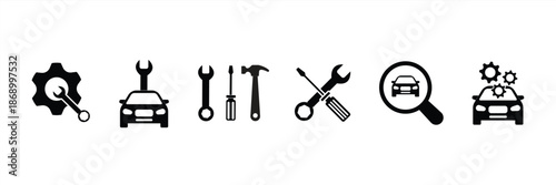 Car service icon set. Car repair icons. Screwdriver, tools, hammer, gear, repair, diagnostic, engine, garage. Editable stroke. Vector illustration