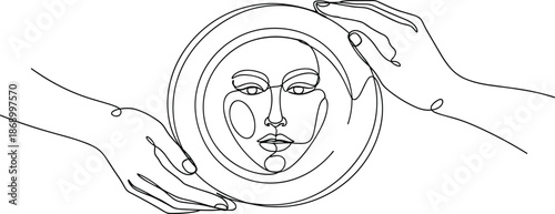 Continuous line drawing of woman face reflected in a circular mirror held by hands for beauty, skincare, and self reflection.