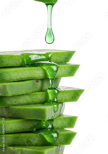 Freshly cut nopal cactus pad slices stacked vertically, emerald green mucilage dripping slowly, extreme macro shot on a transparent background, photorealistic concept for natural cosmetic advertising