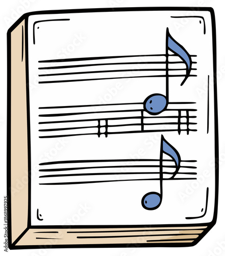 Cartoon style musical score page with musical notes symbols on the book vector illustration