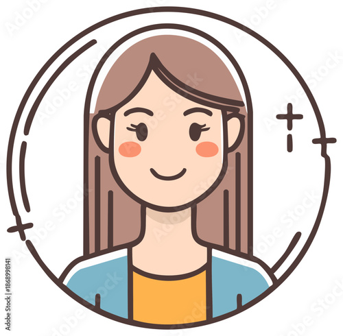 Friendly young woman with long brown hair and rosy cheeks in a circle frame