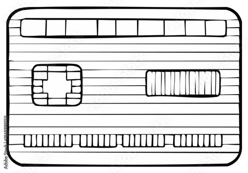 Hand drawn credit card doodle sketch. Black and white line art of a bank payment card with chip.