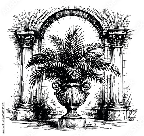 Hand drawn line art illustration of an antique garden composition depicting an ornate urn with a palm plant flanked by classical columns and an arch for decorative design