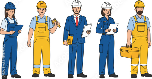 Flat Vector Illustration of Diverse Construction Team Including Engineers, Architects, and Laborers in Safety Gear, Isolated on White Background, Industrial