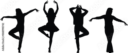 Dancing female silhouette poses collection, graceful woman ballet movement outlines isolated on white background artistic vector illustration set