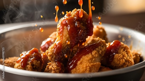 Crispy fried chicken with sauce splash, golden crunch texture, dramatic food photography