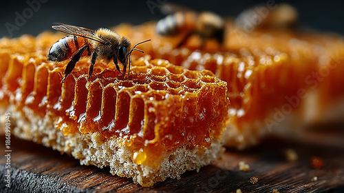 Honeycomb with bees on a wooden surface, close-up view.