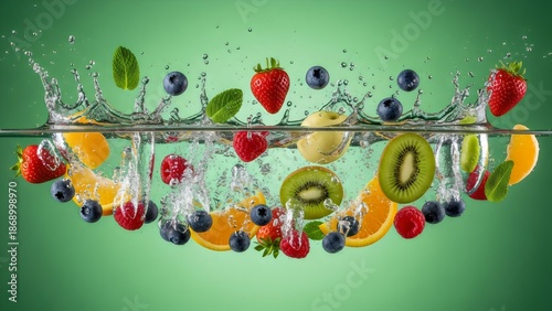 Colorful fruits splashing in water, kiwi strawberry blueberry, healthy lifestyle concept, ultra realistic