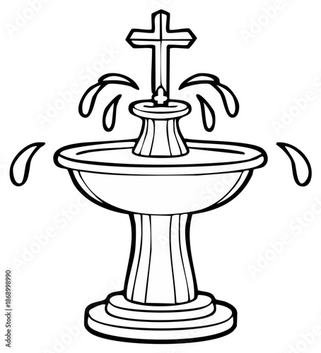 Ornate baptismal font with flowing water and a prominent cross symbol line drawing