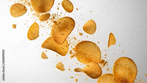 Crispy potato chips exploding in mid air, dynamic motion freeze, white background, ultra sharp detail