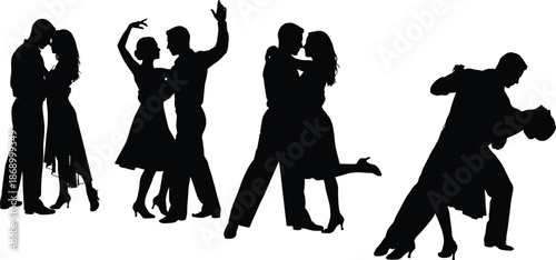 Romantic dancing couple silhouette collection, passionate ballroom tango love poses isolated on white background elegant vector illustration set