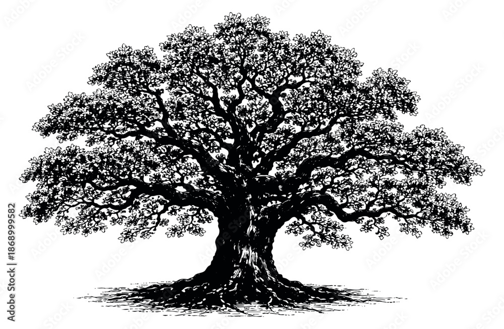 Fototapeta premium Hand drawn line art illustration of a majestic oak tree depicting a strong silhouette for nature and environmental designs