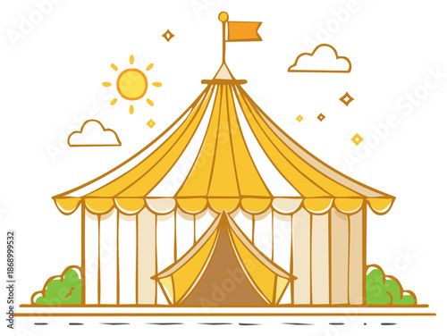 Cartoon Circus Tent Featuring Decorative Flag, Clouds, Sun and Bushes in a Hand Drawn Style