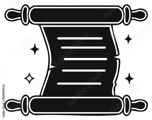 Illustration of a parchment scroll with magic stars around it in black and white