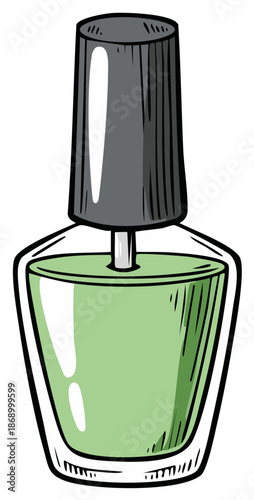 Green Nail Polish Bottle with Black Cap and Applicator Vector Illustration