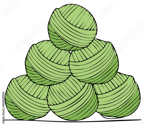 Green yarn balls stacked in a pyramid shape cartoon illustration