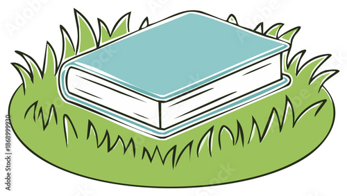 Open book lying in grass illustration. Education and knowledge concepts. Literature in nature