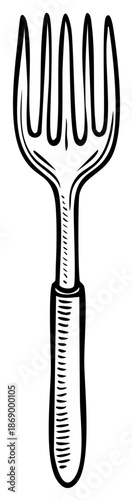Hand-drawn illustration of a fork with four tines and a textured handle