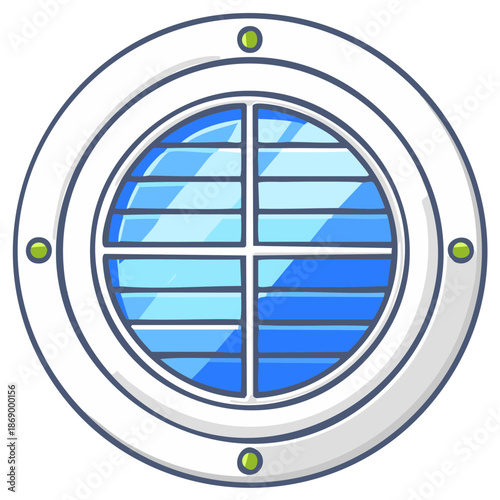 Round maritime window with blue glass panels and light reflections