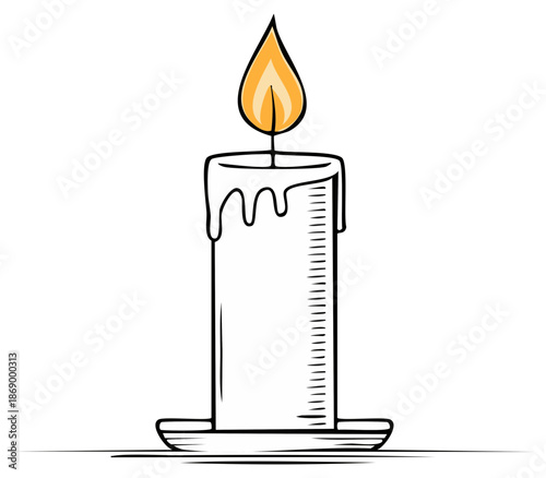 Illuminated Candle with Dripping Wax in Hand Drawn Style on White Background