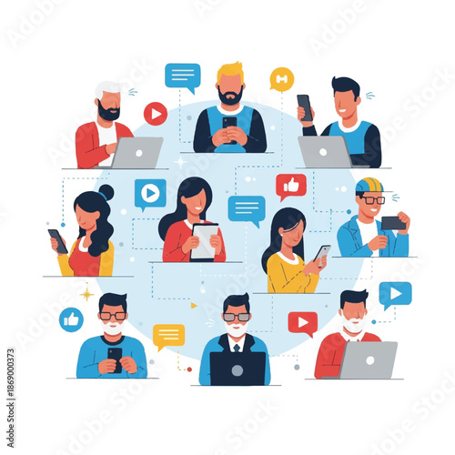 People using various devices and interacting with social media content in a digital landscape