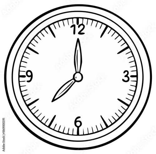 Drawn wall clock showing eight o'clock, black and white sketch.