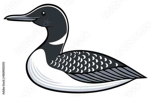Stylized Common Loon illustration with black and white plumage. Profile of a floating water bird.