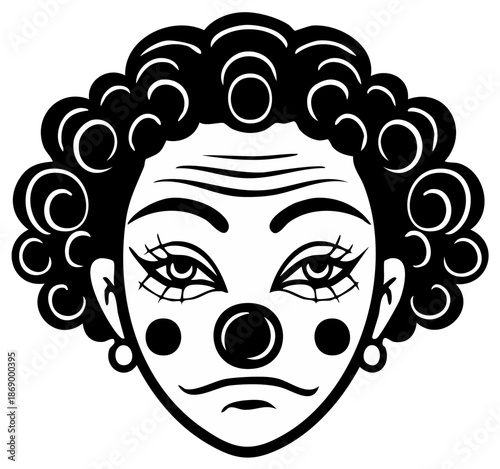 Stylized Black and White Clown Face with Curly Hair and Sad Expression