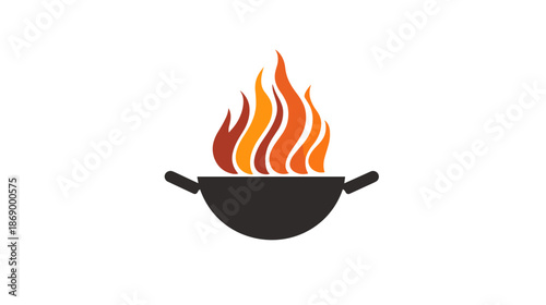 Black Cooking Pot with Flames Illustration.