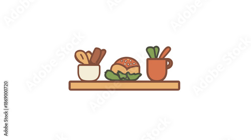 Breakfast Items on Wooden Table Top.