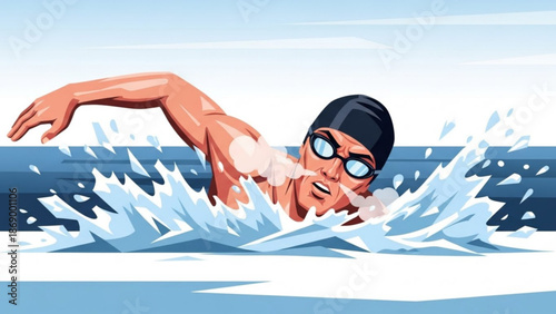 Swimmer in motion wearing goggles and cap swimming through ocean waves with focused expression with determined and athlete with sports