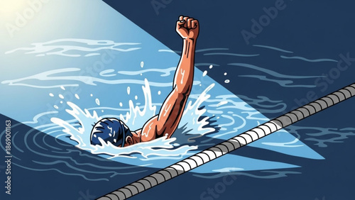 A male swimmer wearing a cap swims fiercely through a pool with his fist raised in determination and a lane rope in view with determined