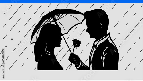 Romantic couple sharing a tender moment on a rainy day