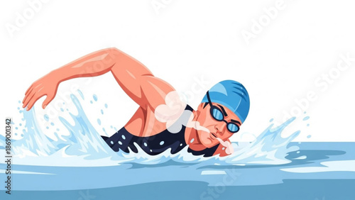 A male swimmer wearing a blue cap and goggles swims through the water with a determined expression on his face in a competitive with swimming